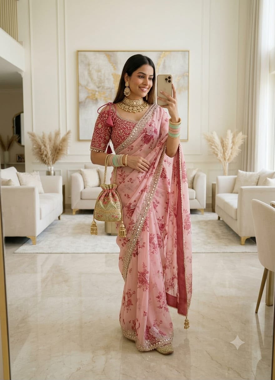 Hand Mirror Work Georgette Saree Set with Stitched Mono Silk Blouse