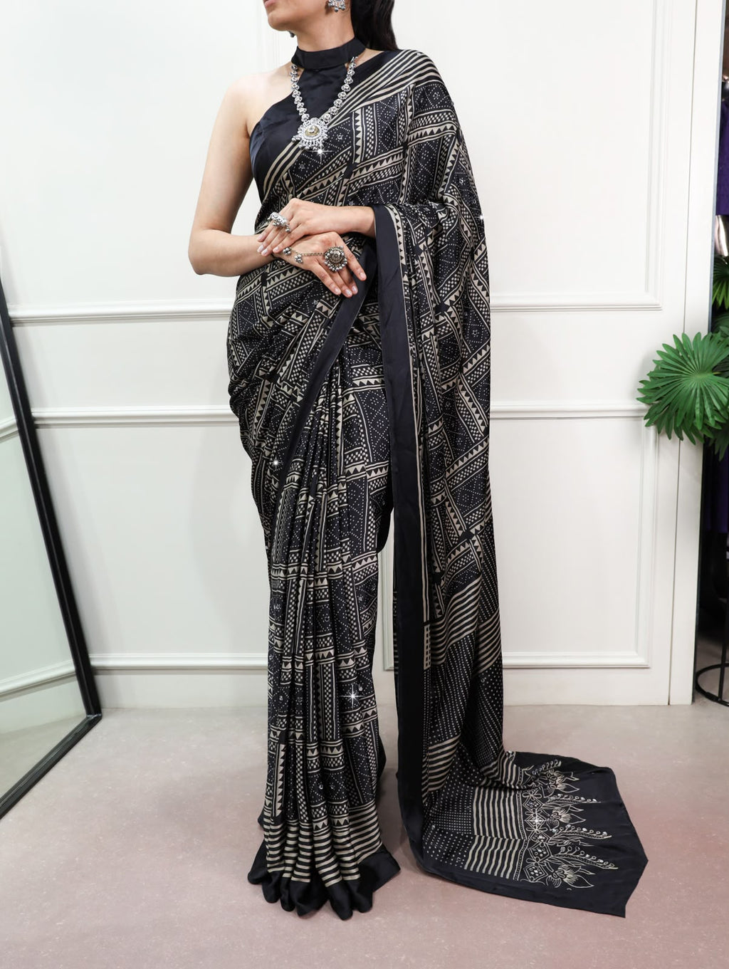 Satin Silk Mirror Work Saree with Unstitched Blouse Piece