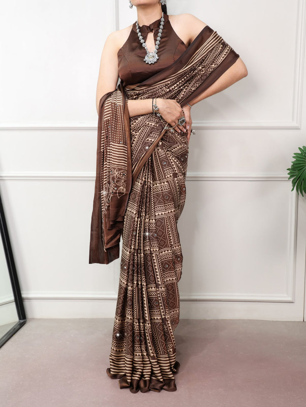 Satin Silk Mirror Work Saree with Unstitched Blouse Piece