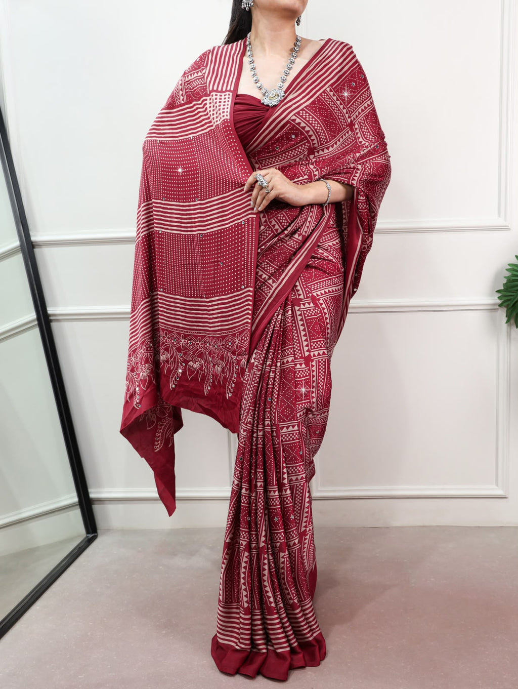 Satin Silk Mirror Work Saree with Unstitched Blouse Piece