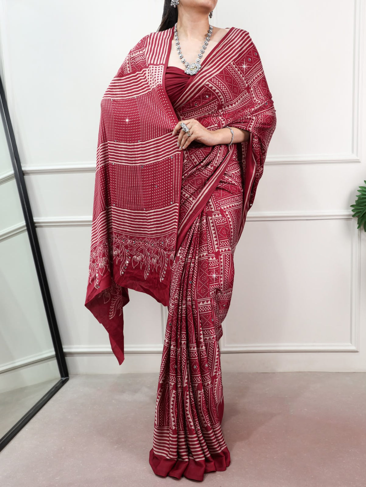 Satin Silk Mirror Work Saree with Unstitched Blouse Piece