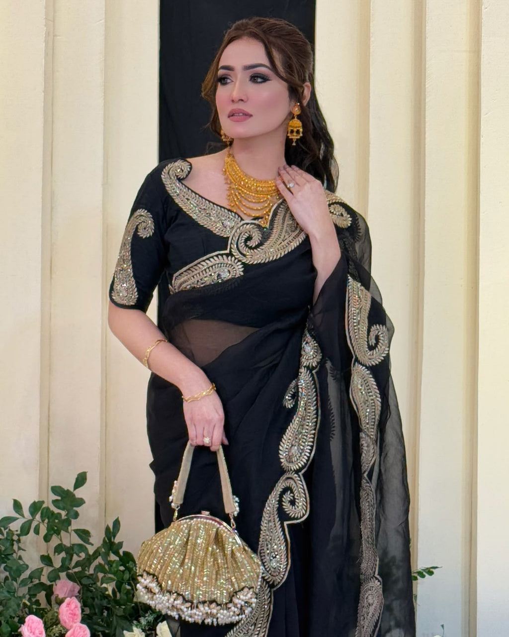 Designer Tibby Silk Saree with Thread & Sequence Embroidery and Mono Banglori Blouse