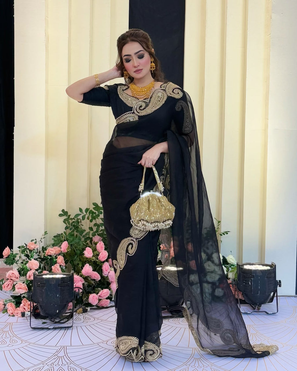 Designer Tibby Silk Saree with Thread & Sequence Embroidery and Mono Banglori Blouse