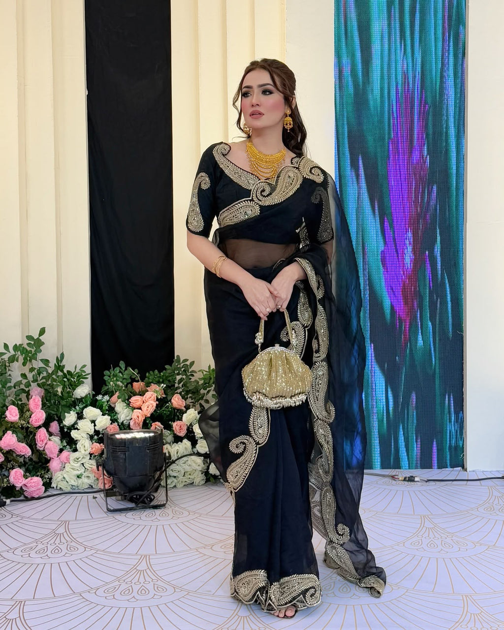 Designer Tibby Silk Saree with Thread & Sequence Embroidery and Mono Banglori Blouse