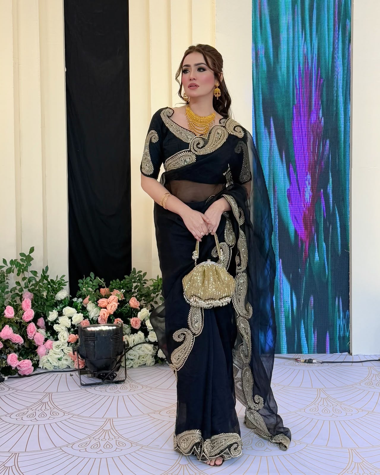 Designer Tibby Silk Saree with Thread & Sequence Embroidery and Mono Banglori Blouse