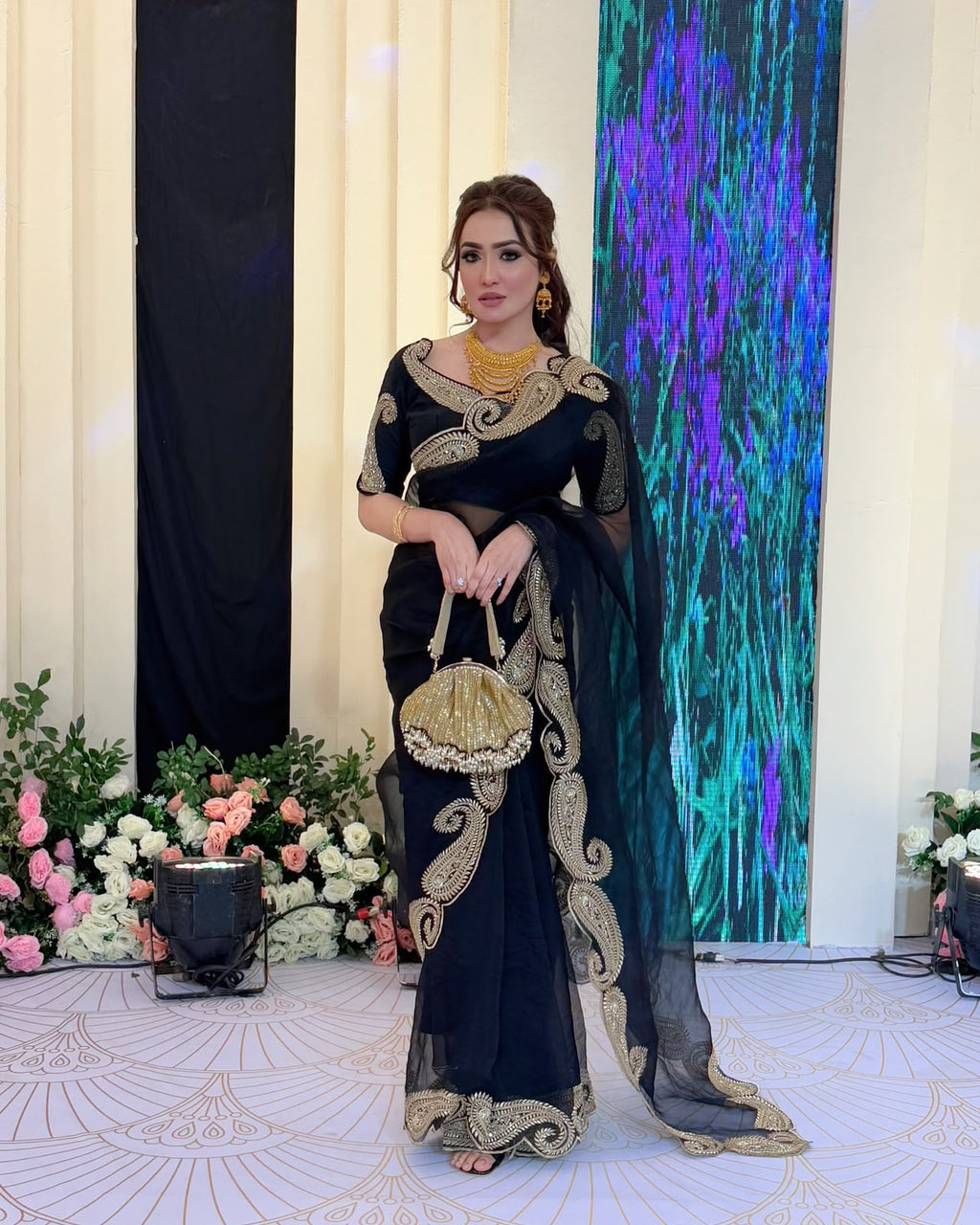 Designer Tibby Silk Saree with Thread & Sequence Embroidery and Mono Banglori Blouse