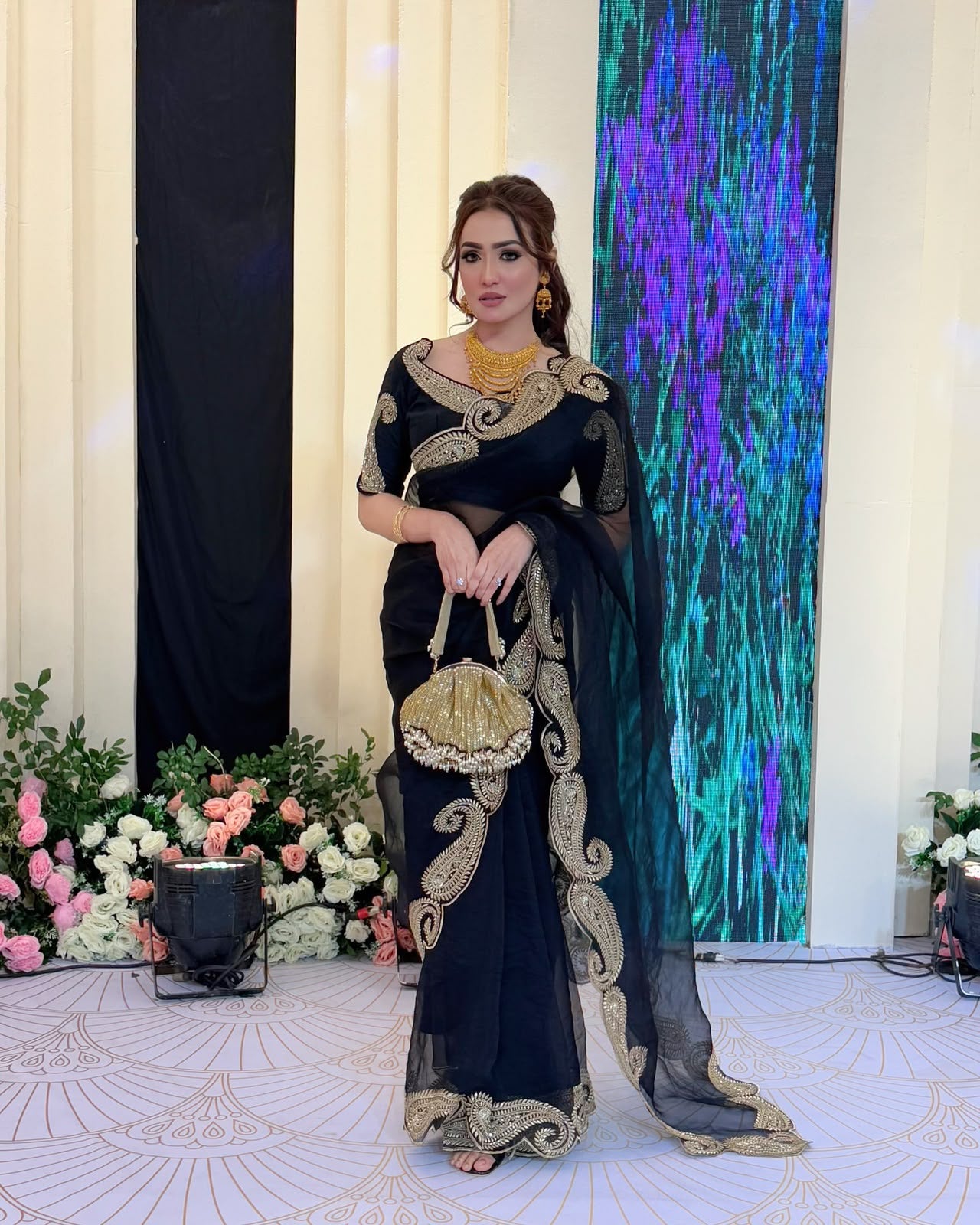 Designer Tibby Silk Saree with Thread & Sequence Embroidery and Mono Banglori Blouse