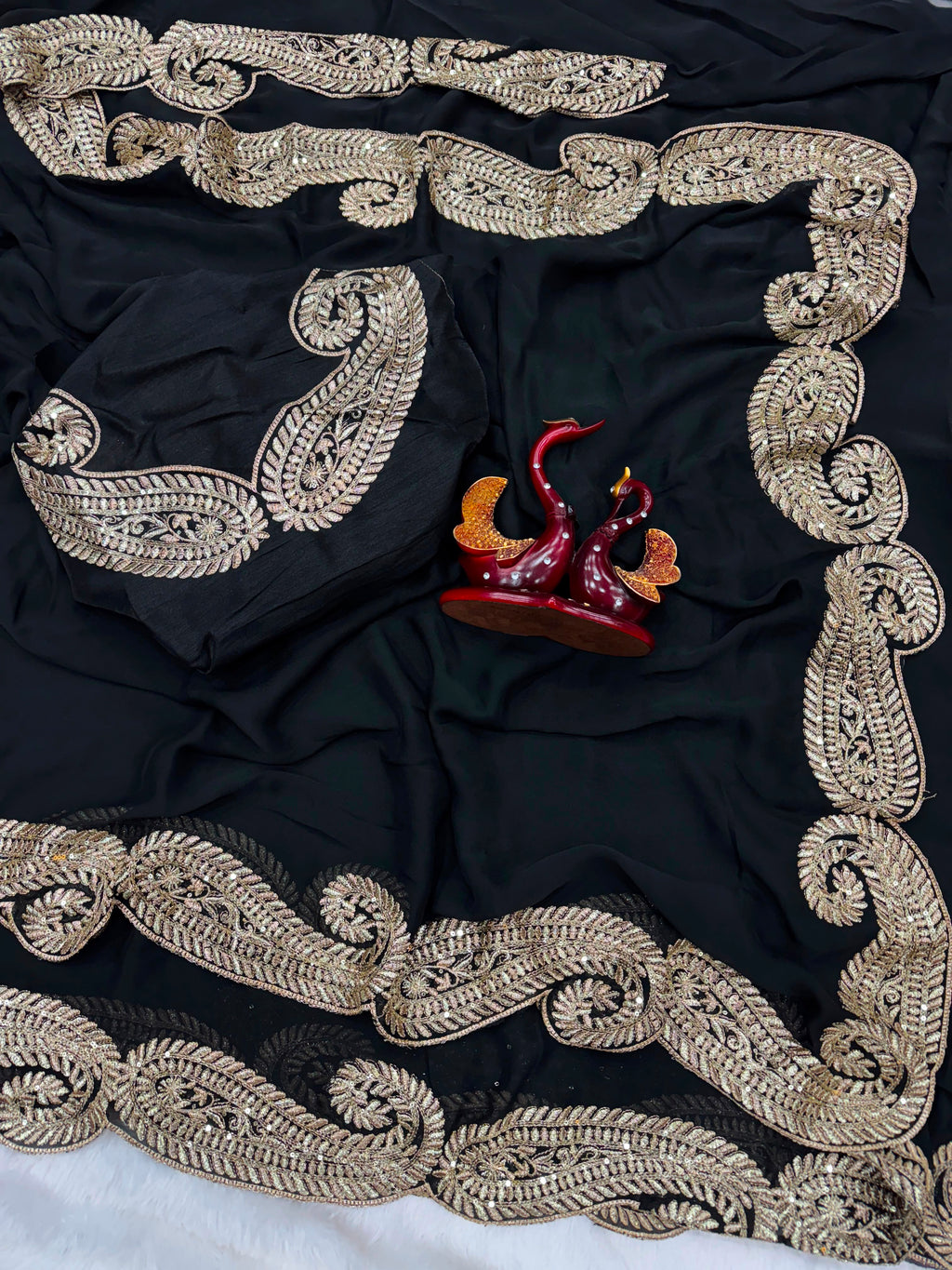 Designer Tibby Silk Saree with Thread & Sequence Embroidery and Mono Banglori Blouse