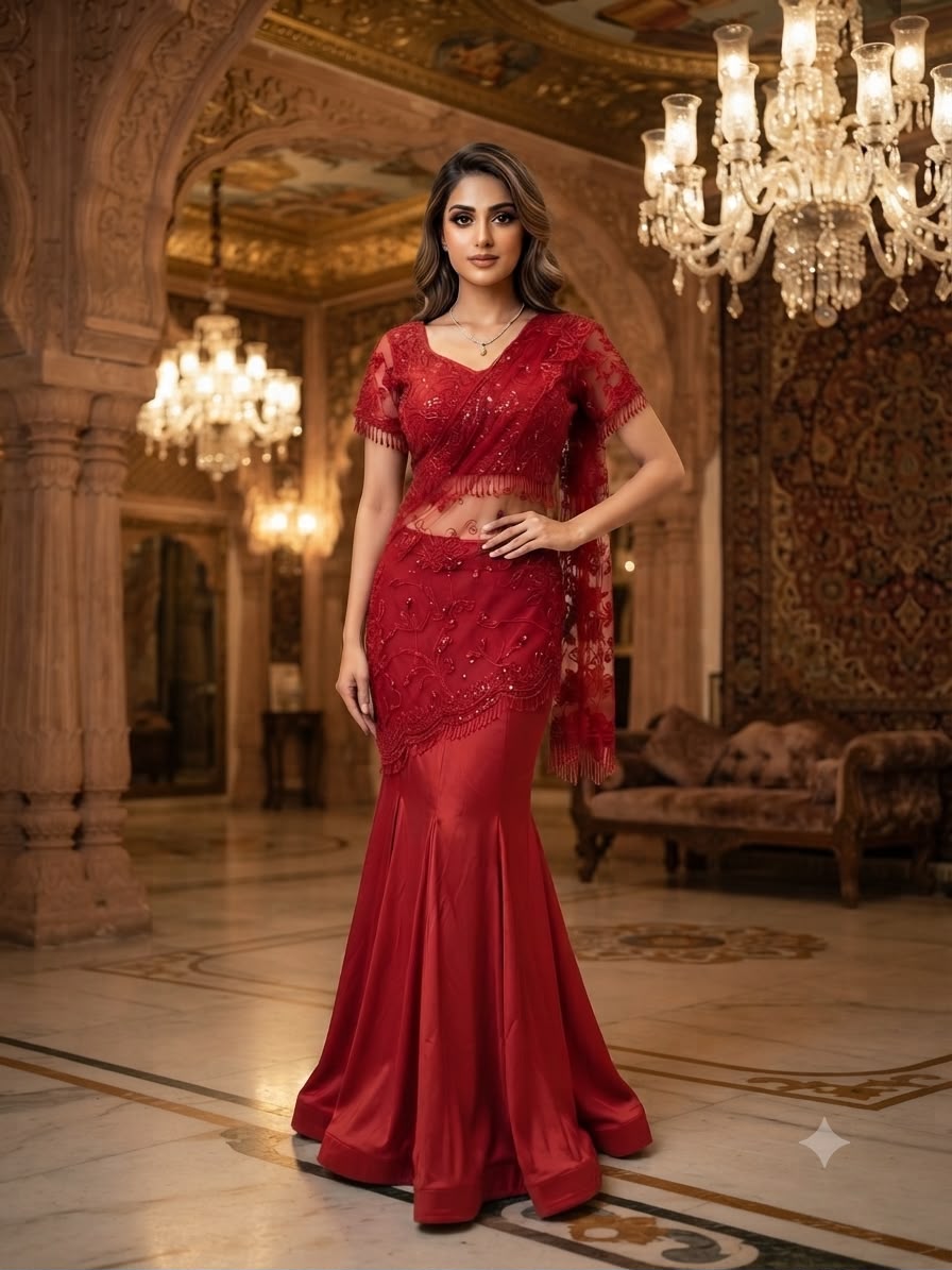 Ready-to-Wear Crape Silk & Butterfly Net Sequins Embroidered Saree
