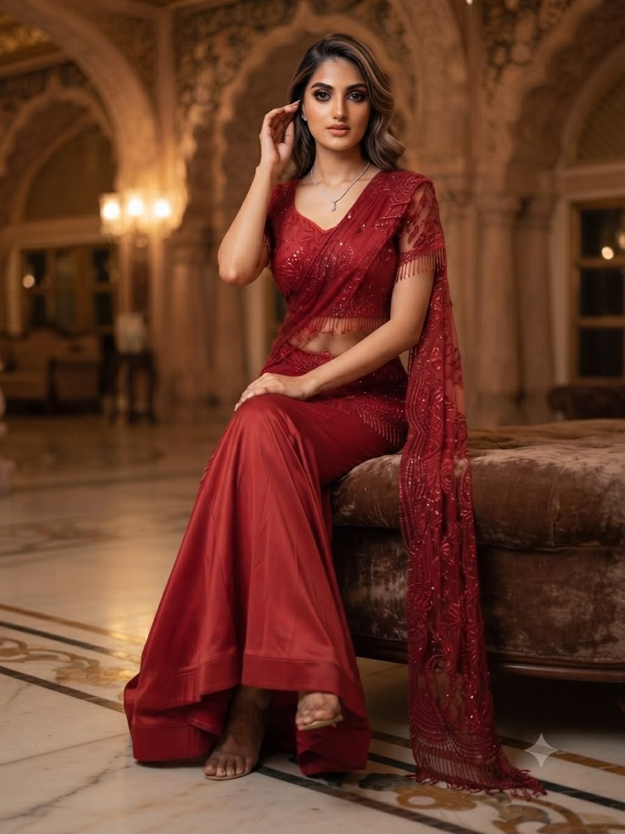 Ready-to-Wear Crape Silk & Butterfly Net Sequins Embroidered Saree