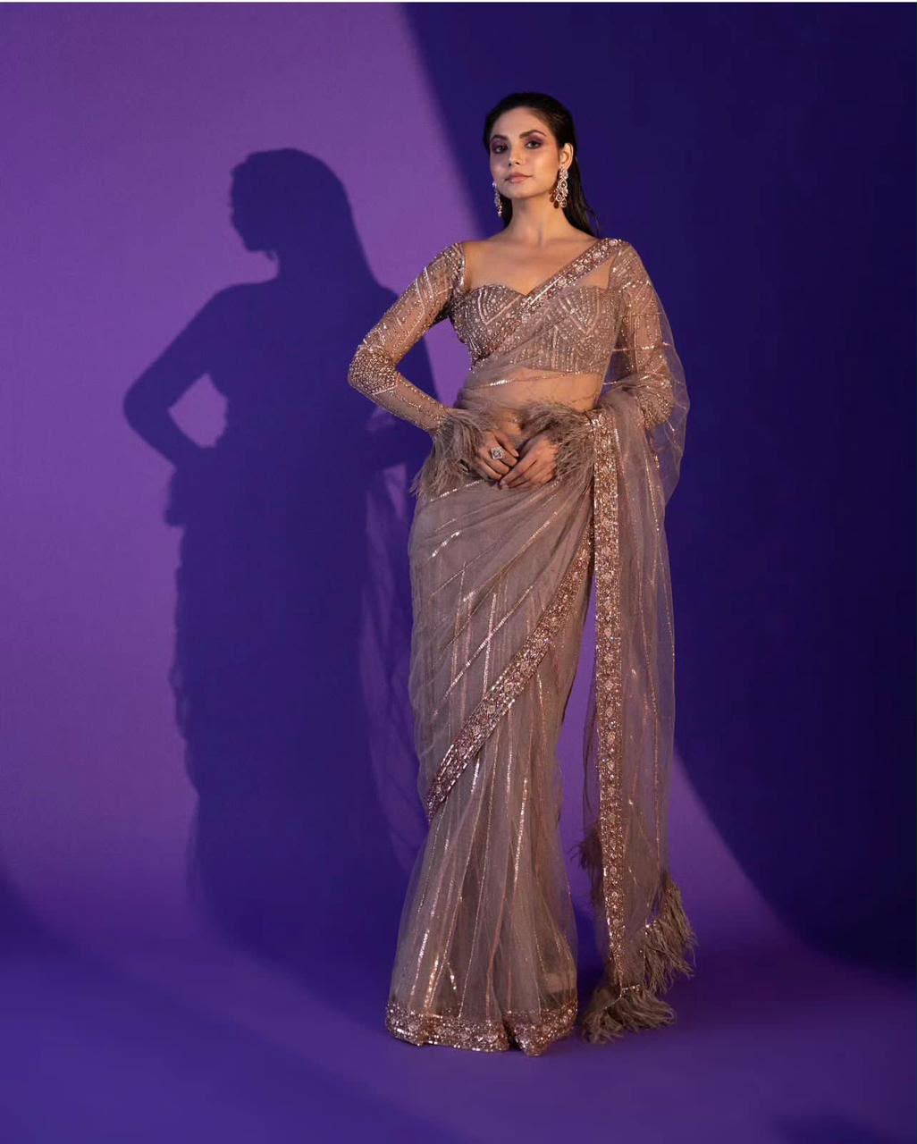 Designer Sequins & Zari Embroidered Net Saree with Satin Inner