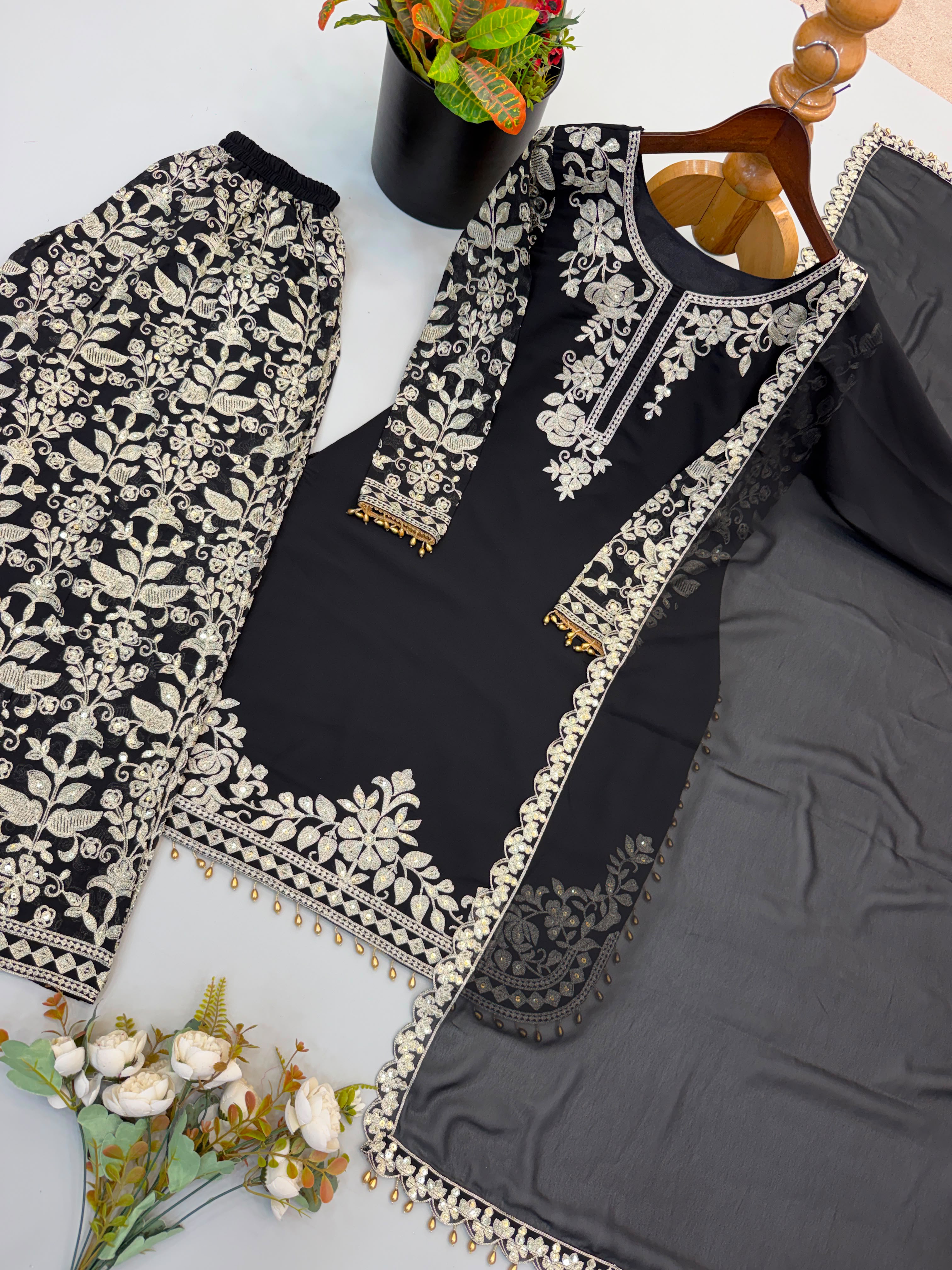 Black Faux Georgette Heavy Embroidery Sequence Work Kurta Pant Dupatta Set – Fully Stitched Ready to Wear