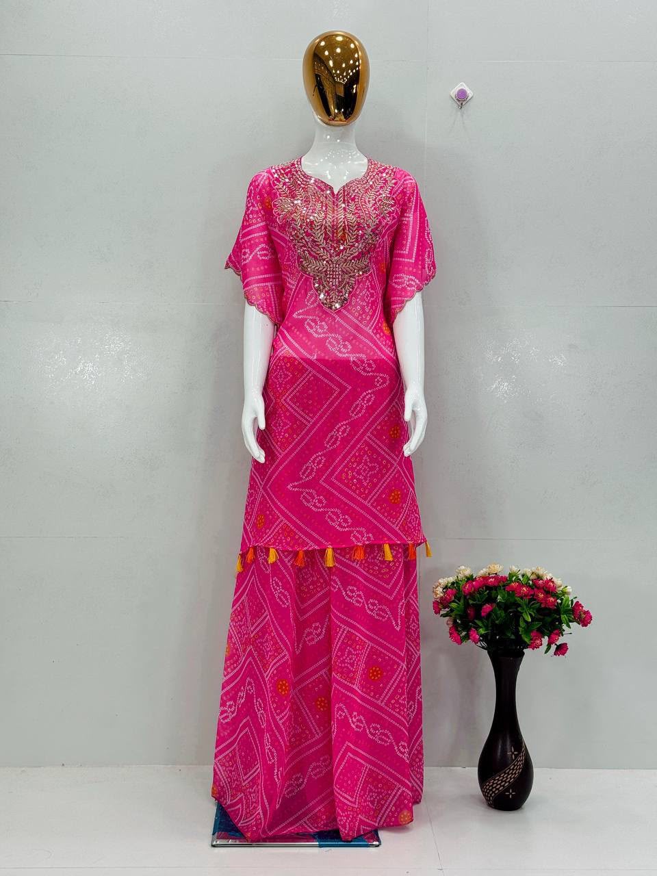 Designer Digital Print Kaftan with Embroidery & Sequence Work – Choli & Sharara Set (Fully Stitched)