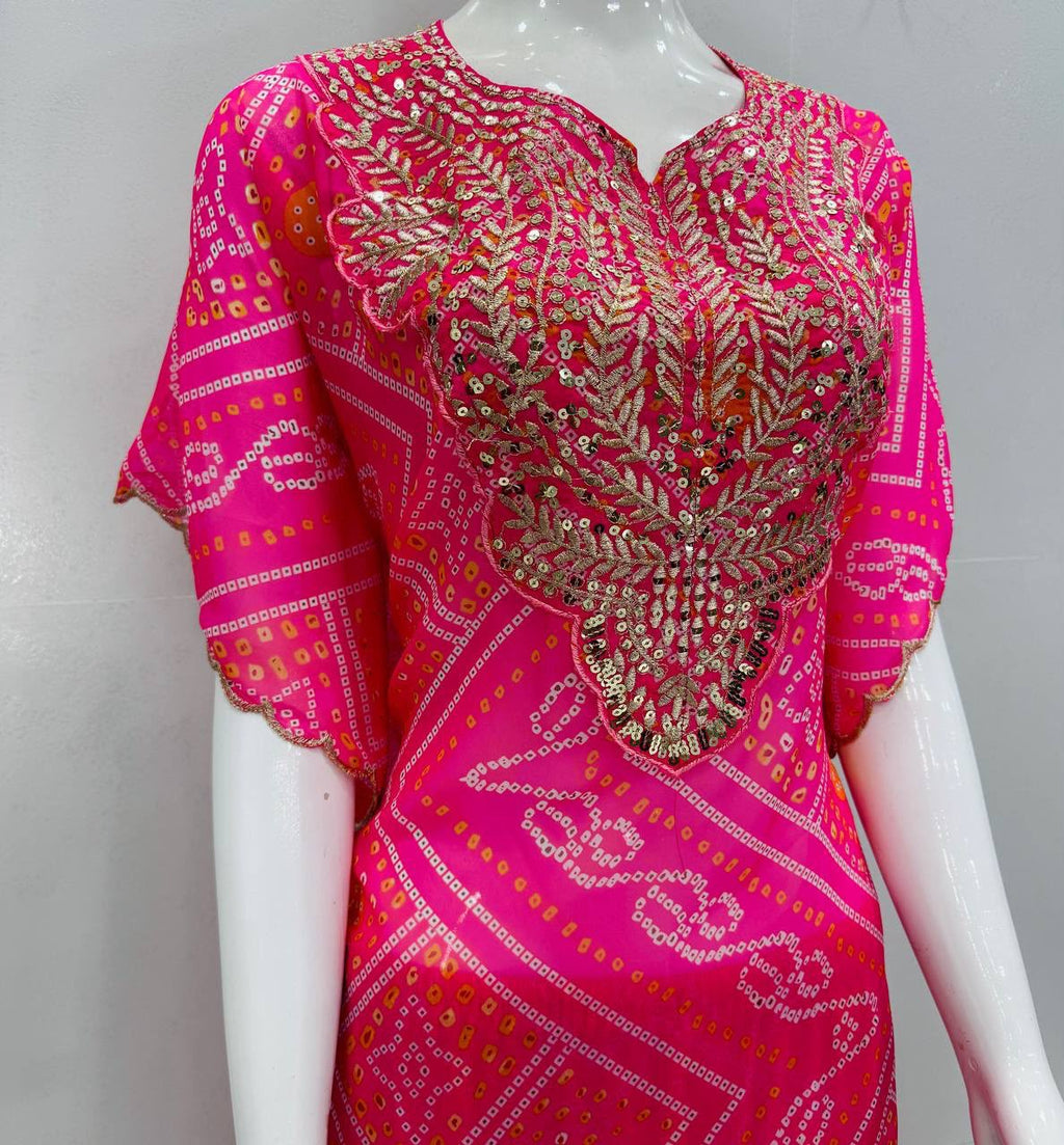 Designer Digital Print Kaftan with Embroidery & Sequence Work – Choli & Sharara Set (Fully Stitched)