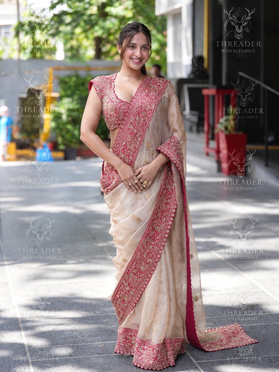 Vastra Designer Champagne Gold Sequins Organza Saree