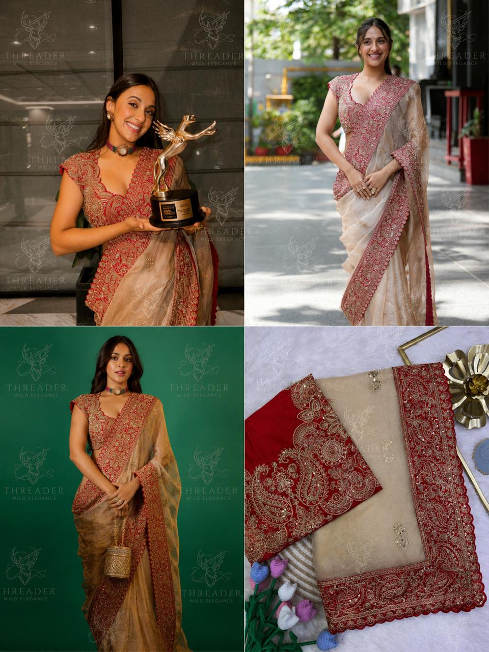 Vastra Designer Champagne Gold Sequins Organza Saree