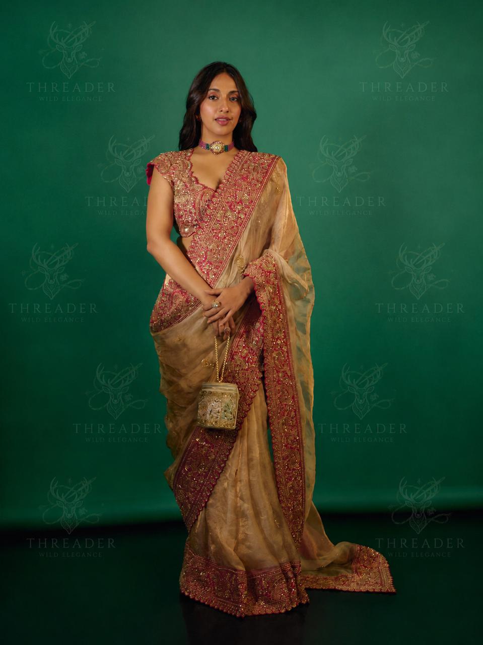 Vastra Designer Champagne Gold Sequins Organza Saree