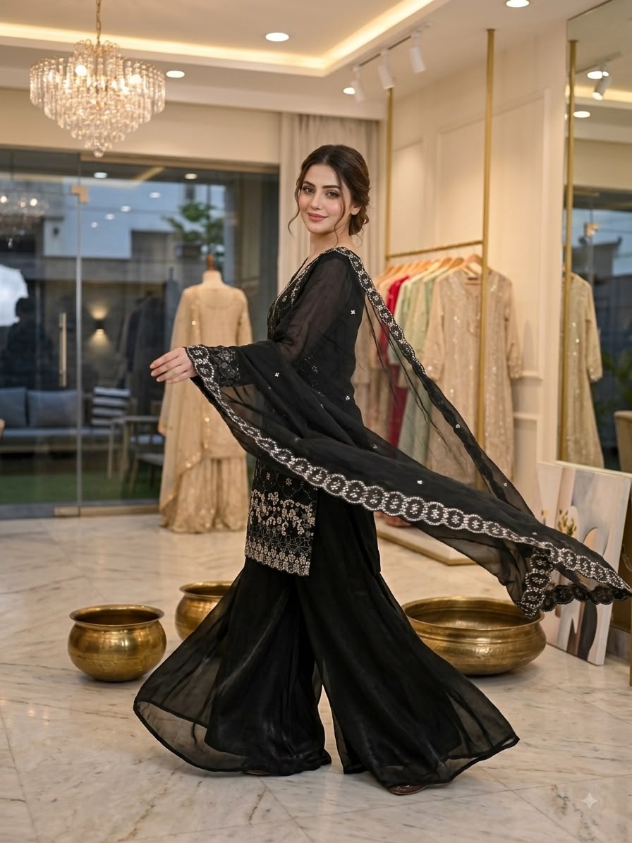 Fendy Silk Beads & Sequins Embroidered Kurti & Plazzo Set with Cut-Work Dupatta