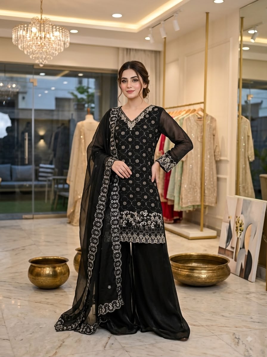 Fendy Silk Beads & Sequins Embroidered Kurti & Plazzo Set with Cut-Work Dupatta