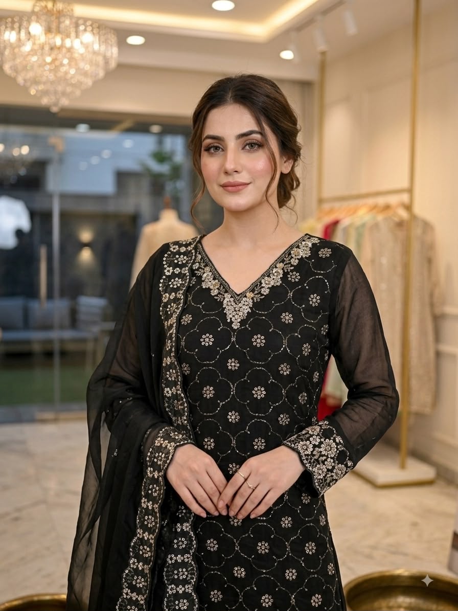 Fendy Silk Beads & Sequins Embroidered Kurti & Plazzo Set with Cut-Work Dupatta