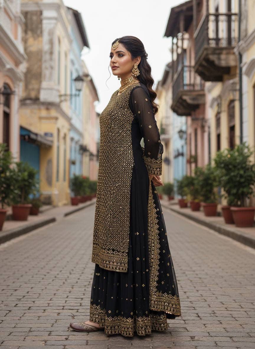 Georgette Sequins & Zari Embroidered Kurti & Plazzo Set with Dupatta