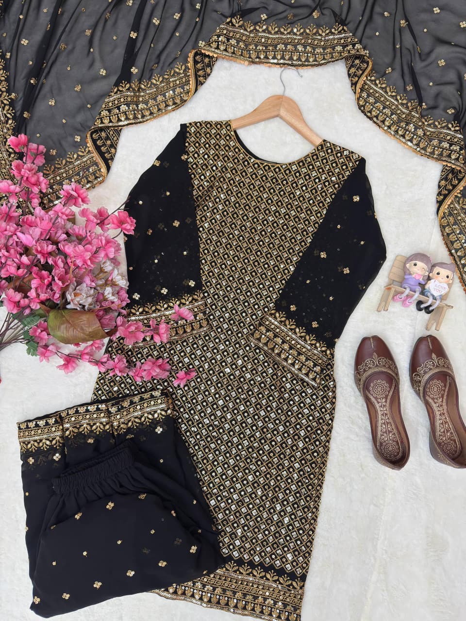 Georgette Sequins & Zari Embroidered Kurti & Plazzo Set with Dupatta