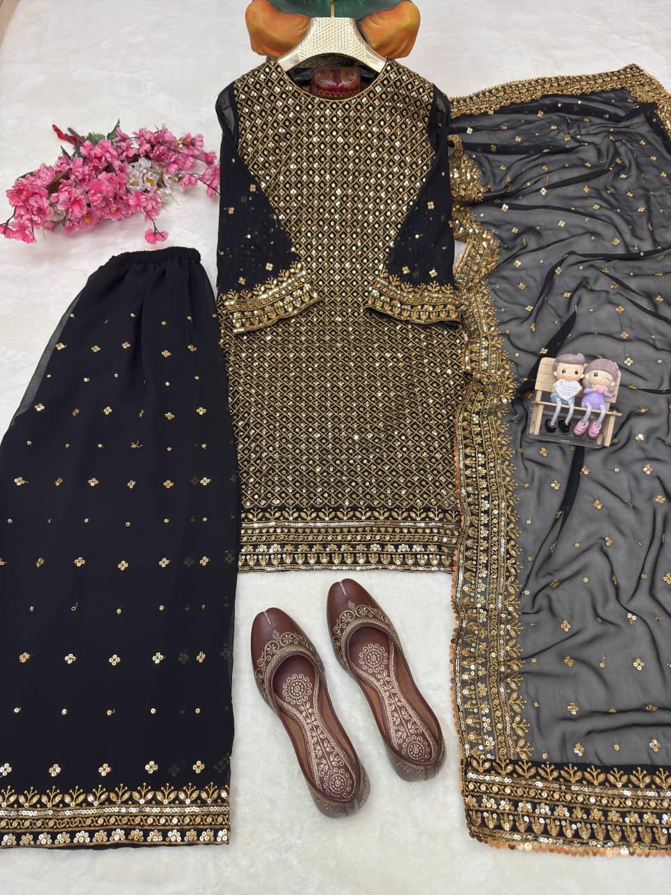 Georgette Sequins & Zari Embroidered Kurti & Plazzo Set with Dupatta