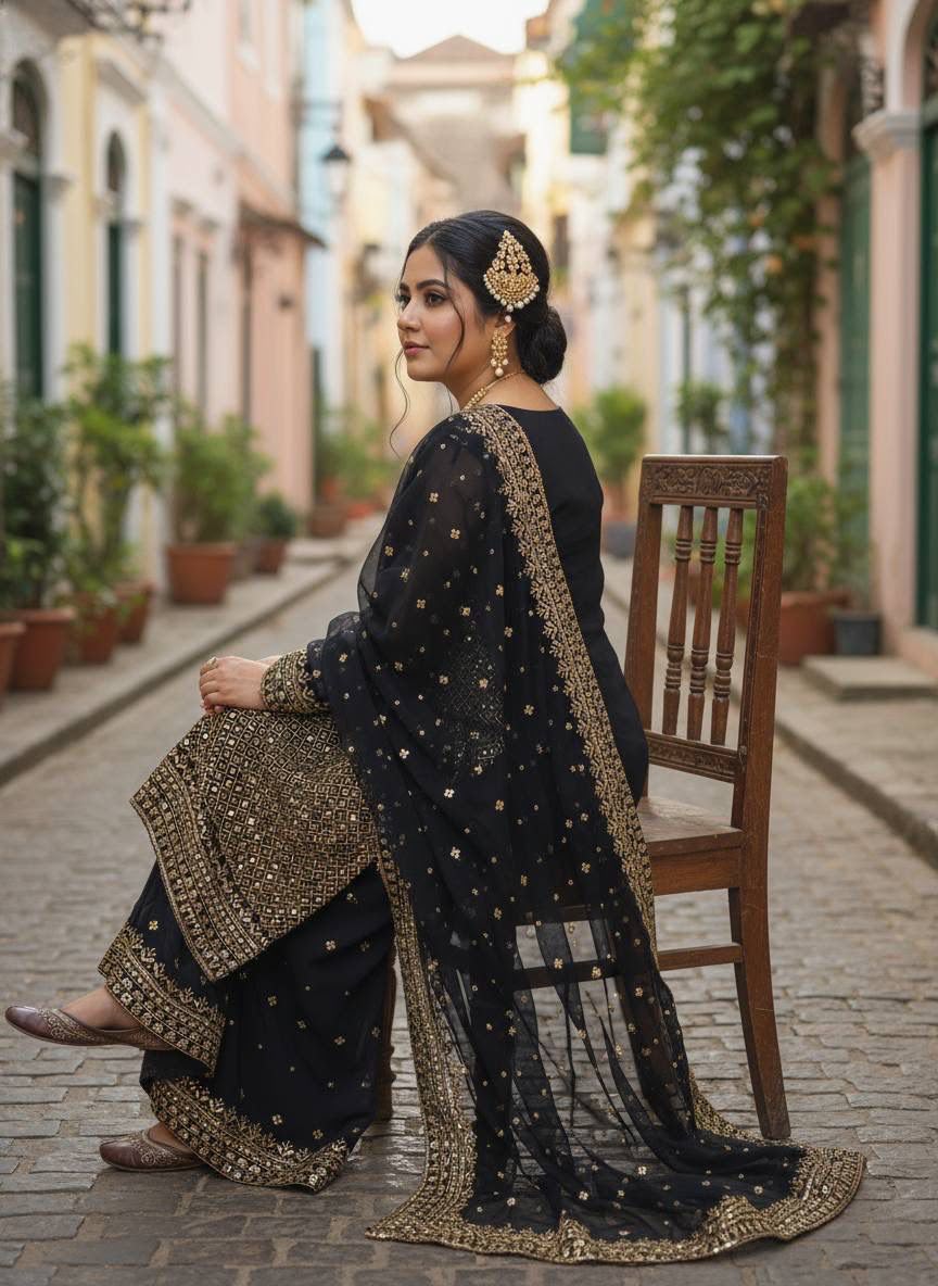 Georgette Sequins & Zari Embroidered Kurti & Plazzo Set with Dupatta
