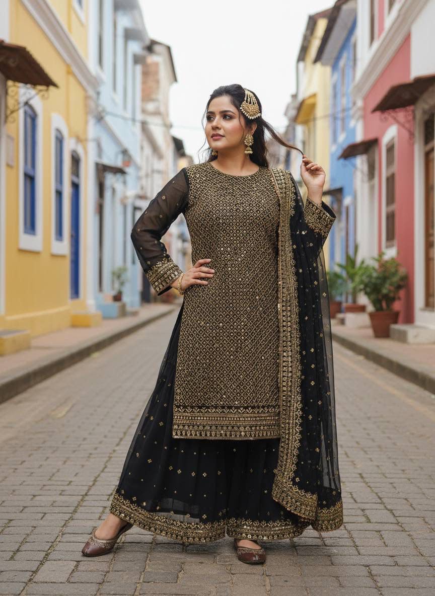 Georgette Sequins & Zari Embroidered Kurti & Plazzo Set with Dupatta