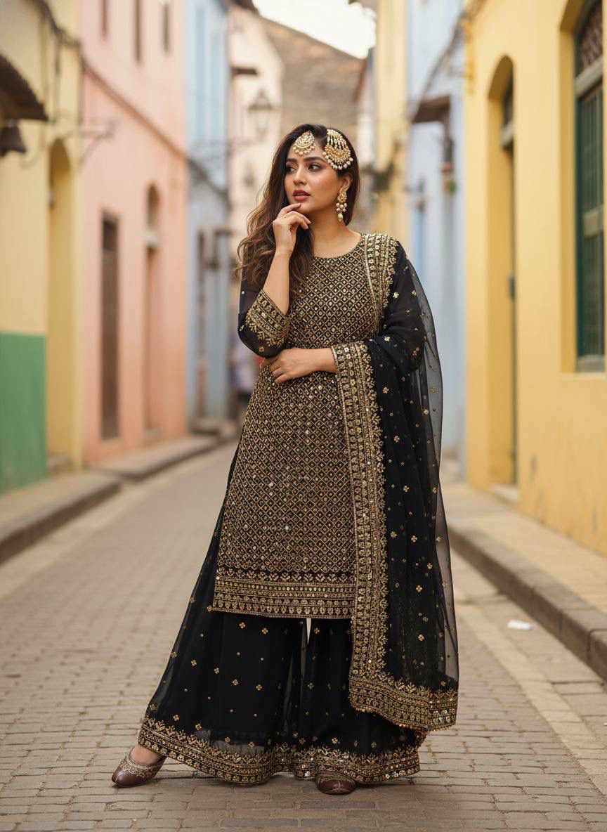 Georgette Sequins & Zari Embroidered Kurti & Plazzo Set with Dupatta