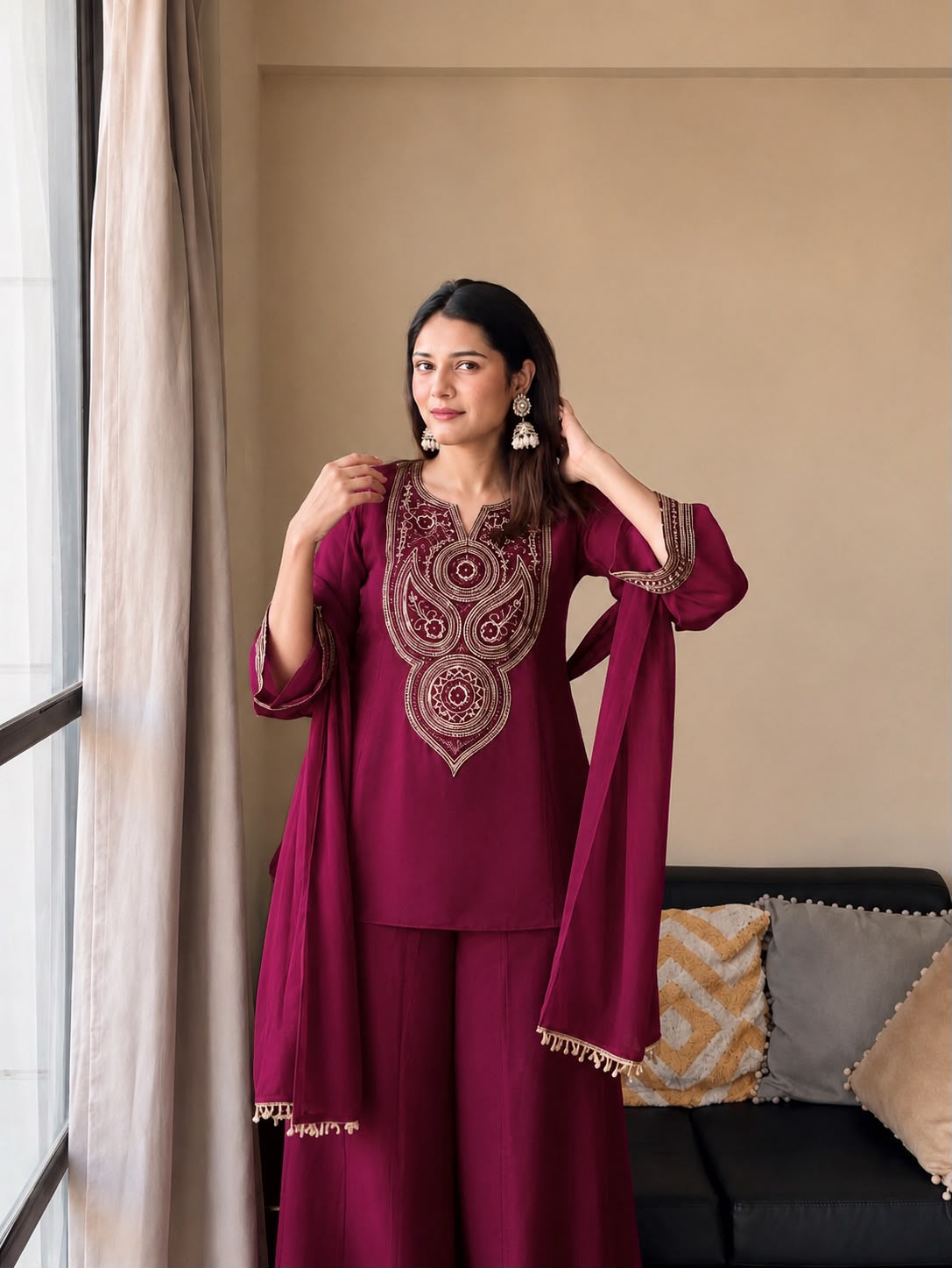 Vichitra Silk Embroidered Kurti & Plazzo Set with Double Draped Dupatta