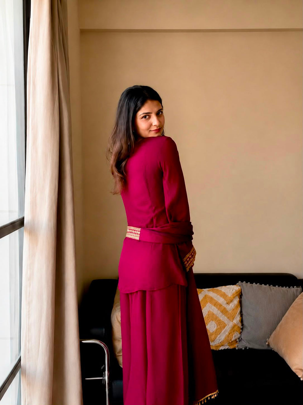 Vichitra Silk Embroidered Kurti & Plazzo Set with Double Draped Dupatta