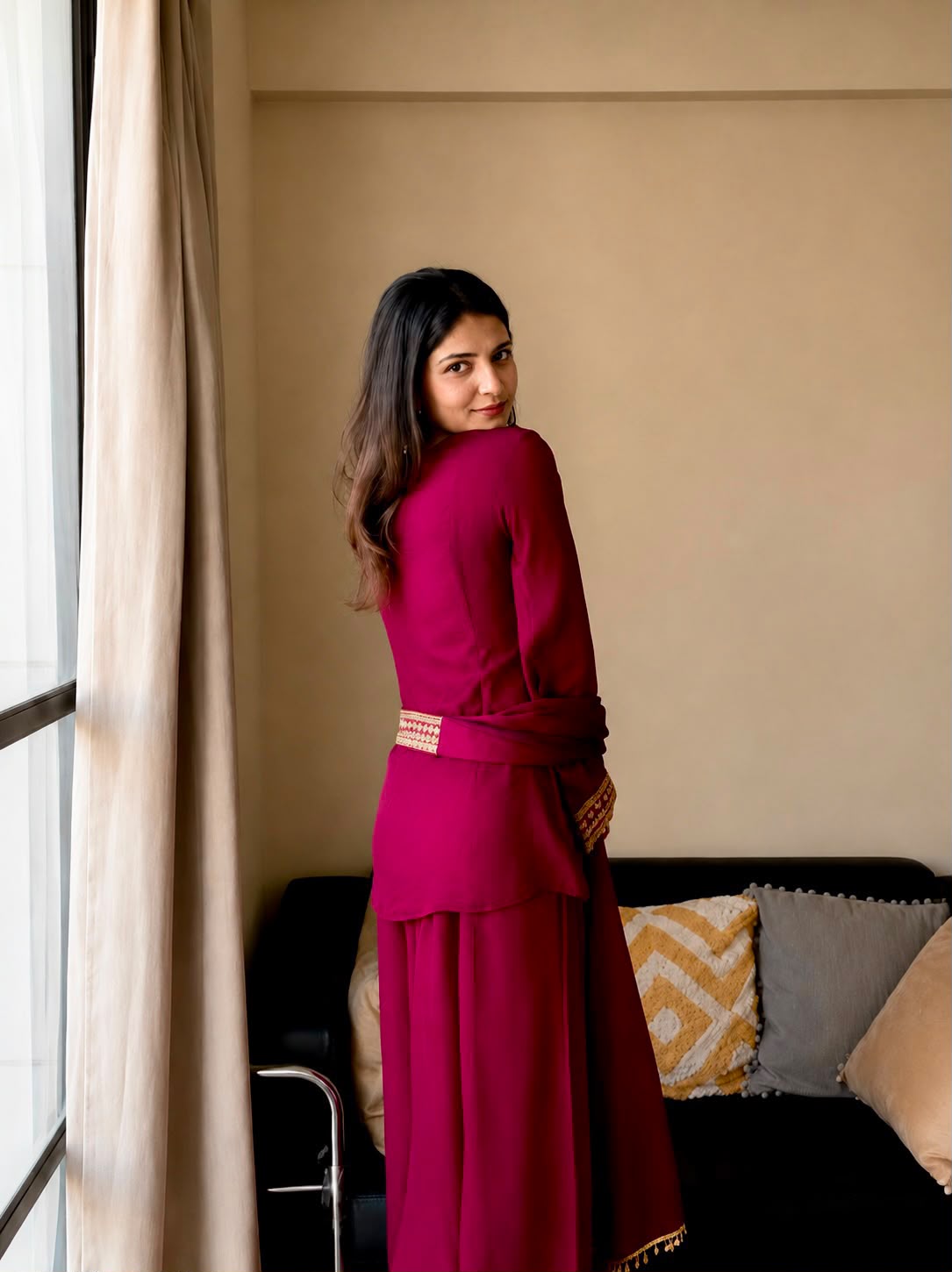 Vichitra Silk Embroidered Kurti & Plazzo Set with Double Draped Dupatta