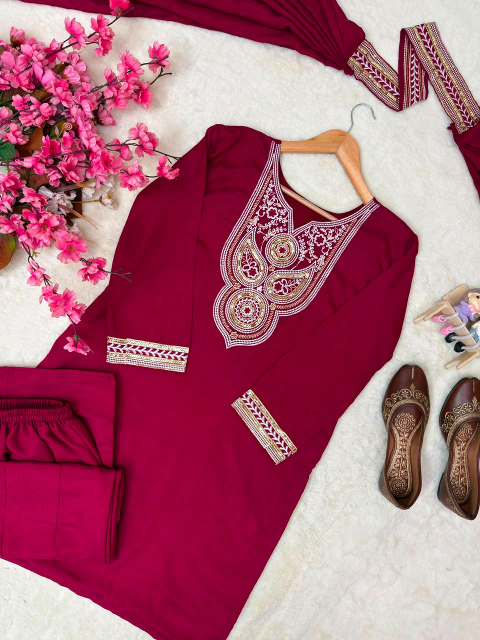 Vichitra Silk Embroidered Kurti & Plazzo Set with Double Draped Dupatta