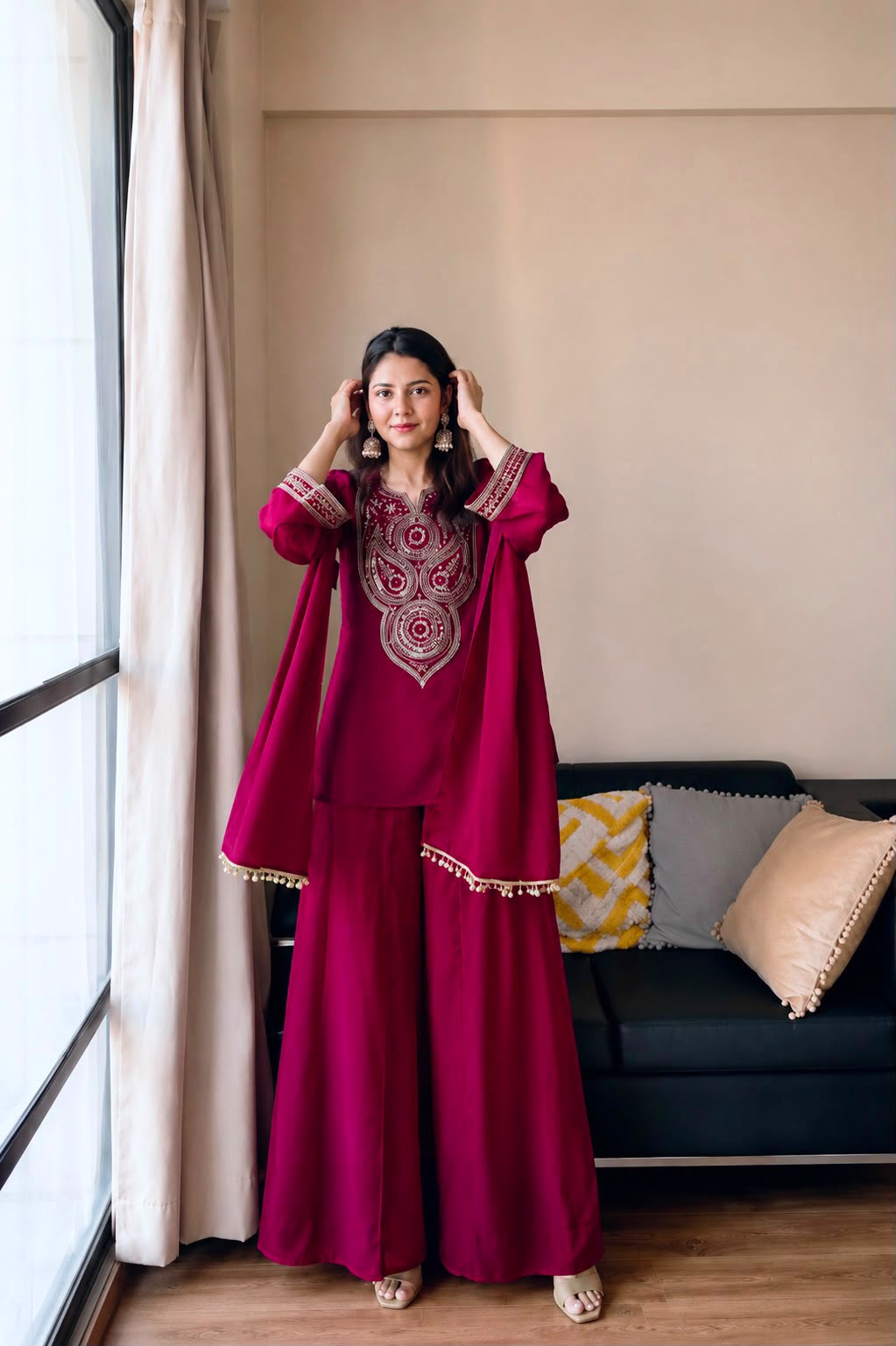 Vichitra Silk Embroidered Kurti & Plazzo Set with Double Draped Dupatta