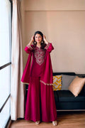 Vichitra Silk Embroidered Kurti & Plazzo Set with Double Draped Dupatta
