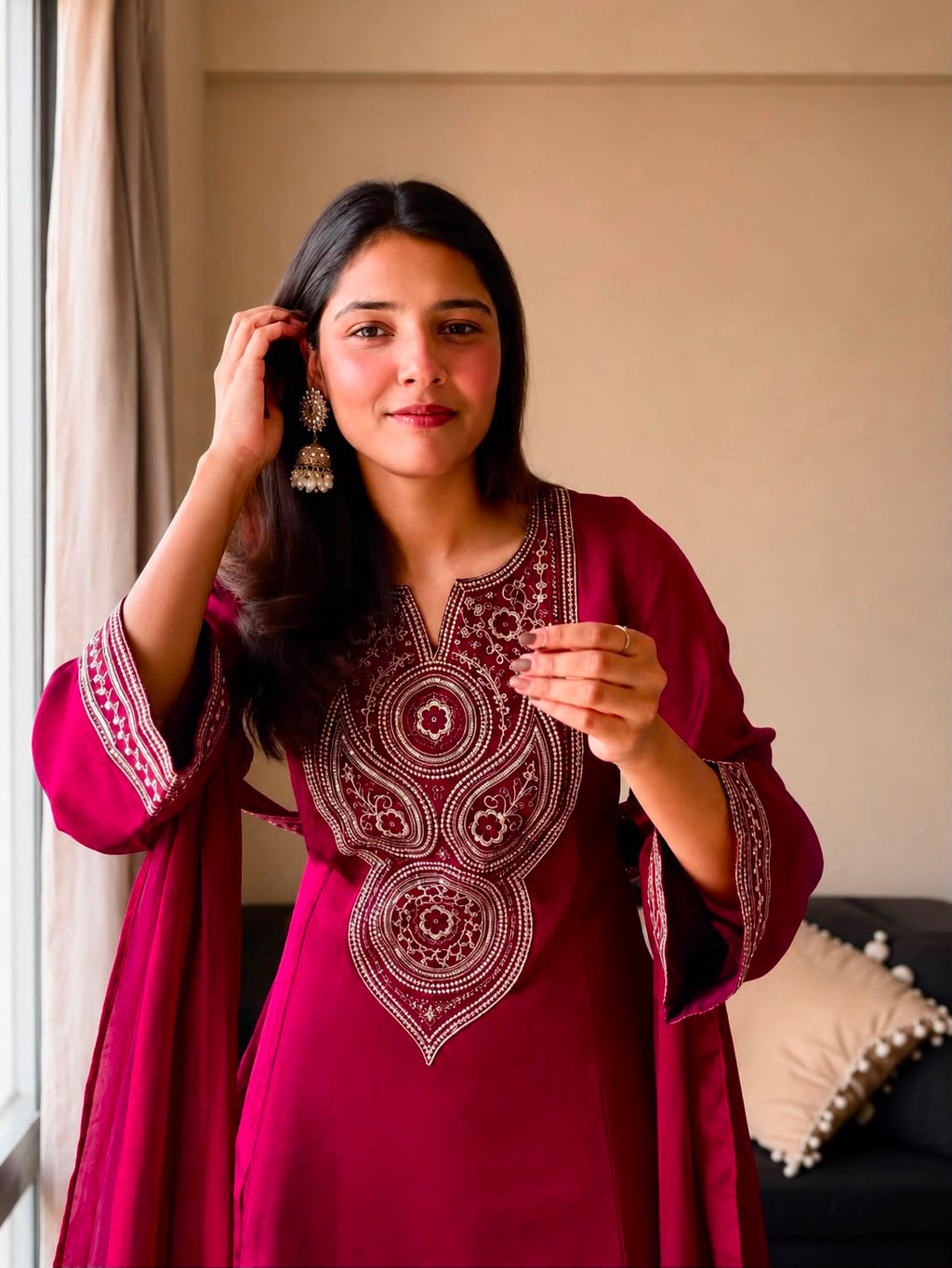 Vichitra Silk Embroidered Kurti & Plazzo Set with Double Draped Dupatta