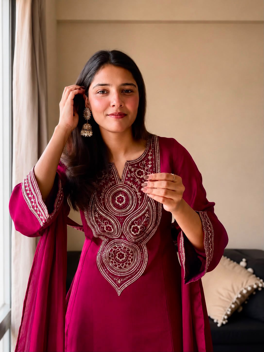 Vichitra Silk Embroidered Kurti & Plazzo Set with Double Draped Dupatta