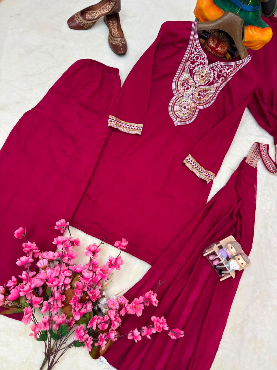Vichitra Silk Embroidered Kurti & Plazzo Set with Double Draped Dupatta