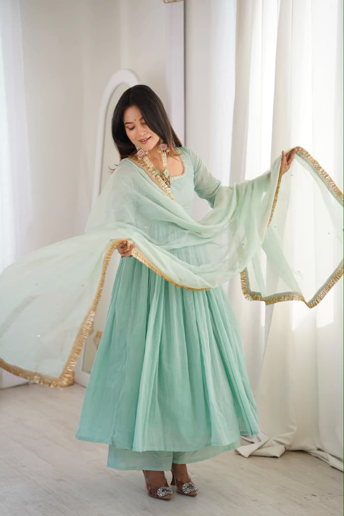 Elegant Designer Lace Anarkali Suit Set with Kota Silk Dupatta