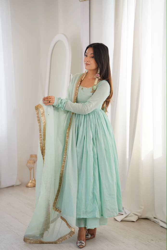 Elegant Designer Lace Anarkali Suit Set with Kota Silk Dupatta