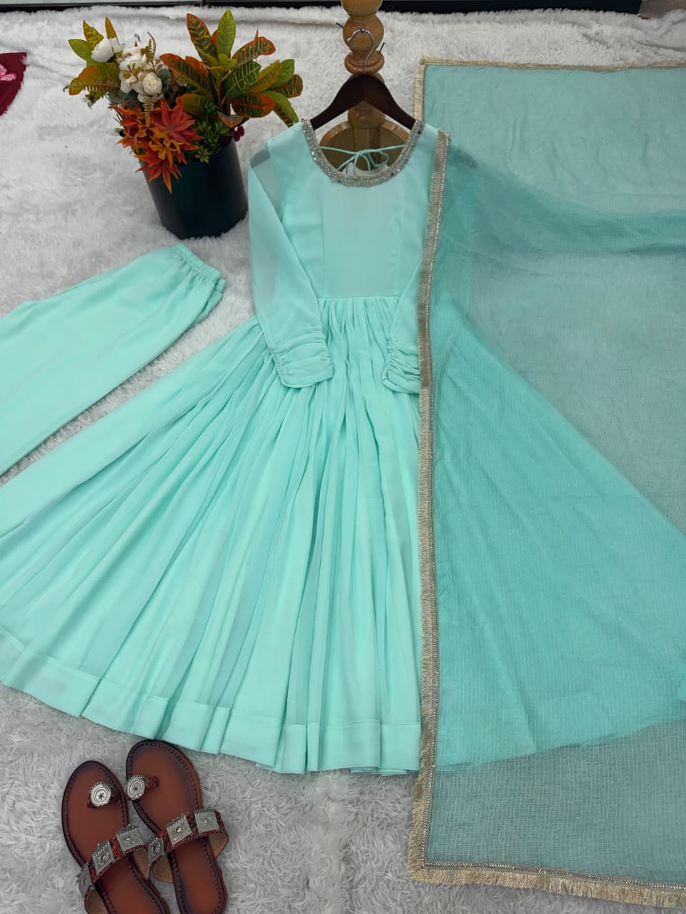 Elegant Designer Lace Anarkali Suit Set with Kota Silk Dupatta