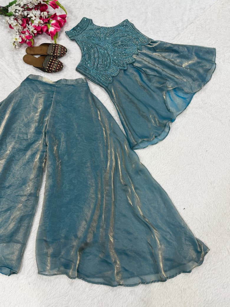 Classy Bead & Moti Handwork Silk Sharara Set