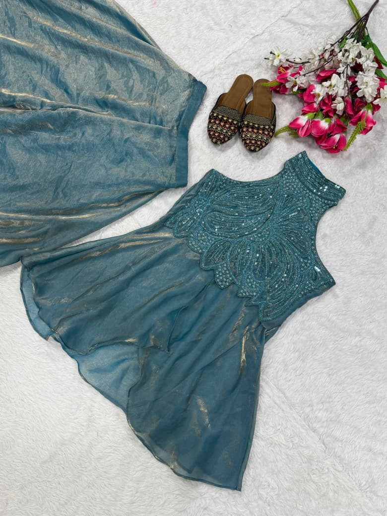 Classy Bead & Moti Handwork Silk Sharara Set