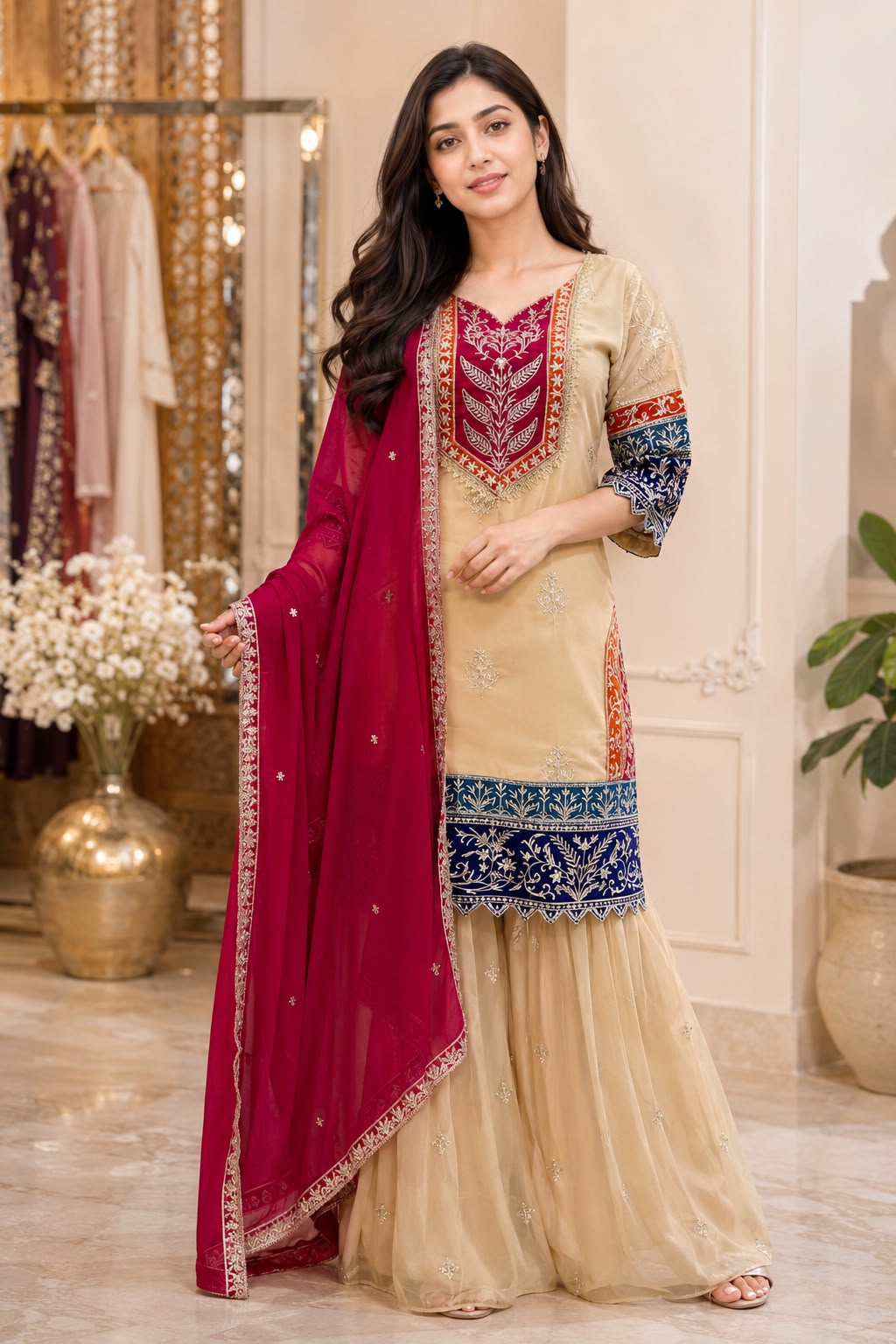 Heavy 3-Piece Silk Suit Set with Embroidery Work & Fancy Lace