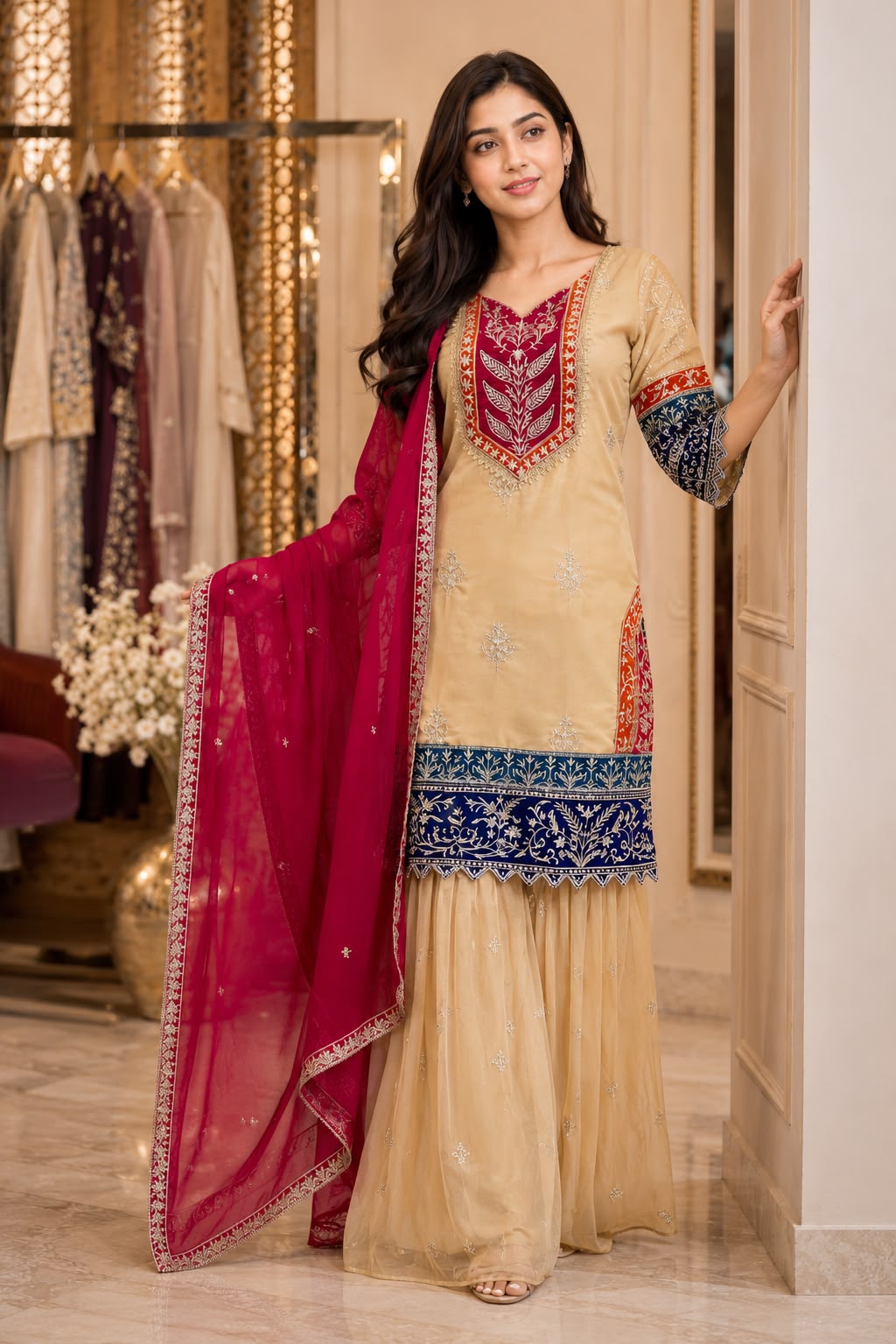 Heavy 3-Piece Silk Suit Set with Embroidery Work & Fancy Lace