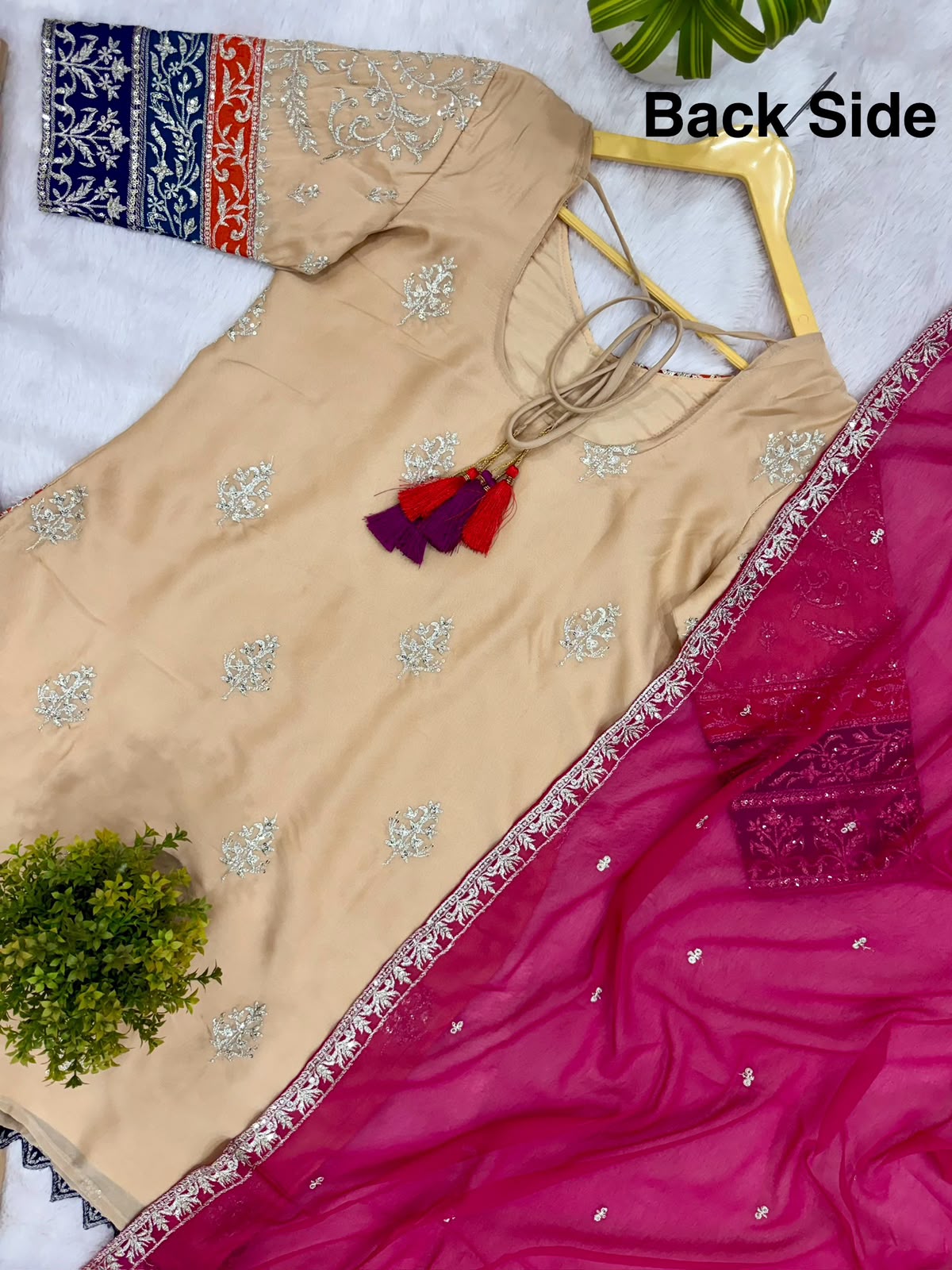 Heavy 3-Piece Silk Suit Set with Embroidery Work & Fancy Lace