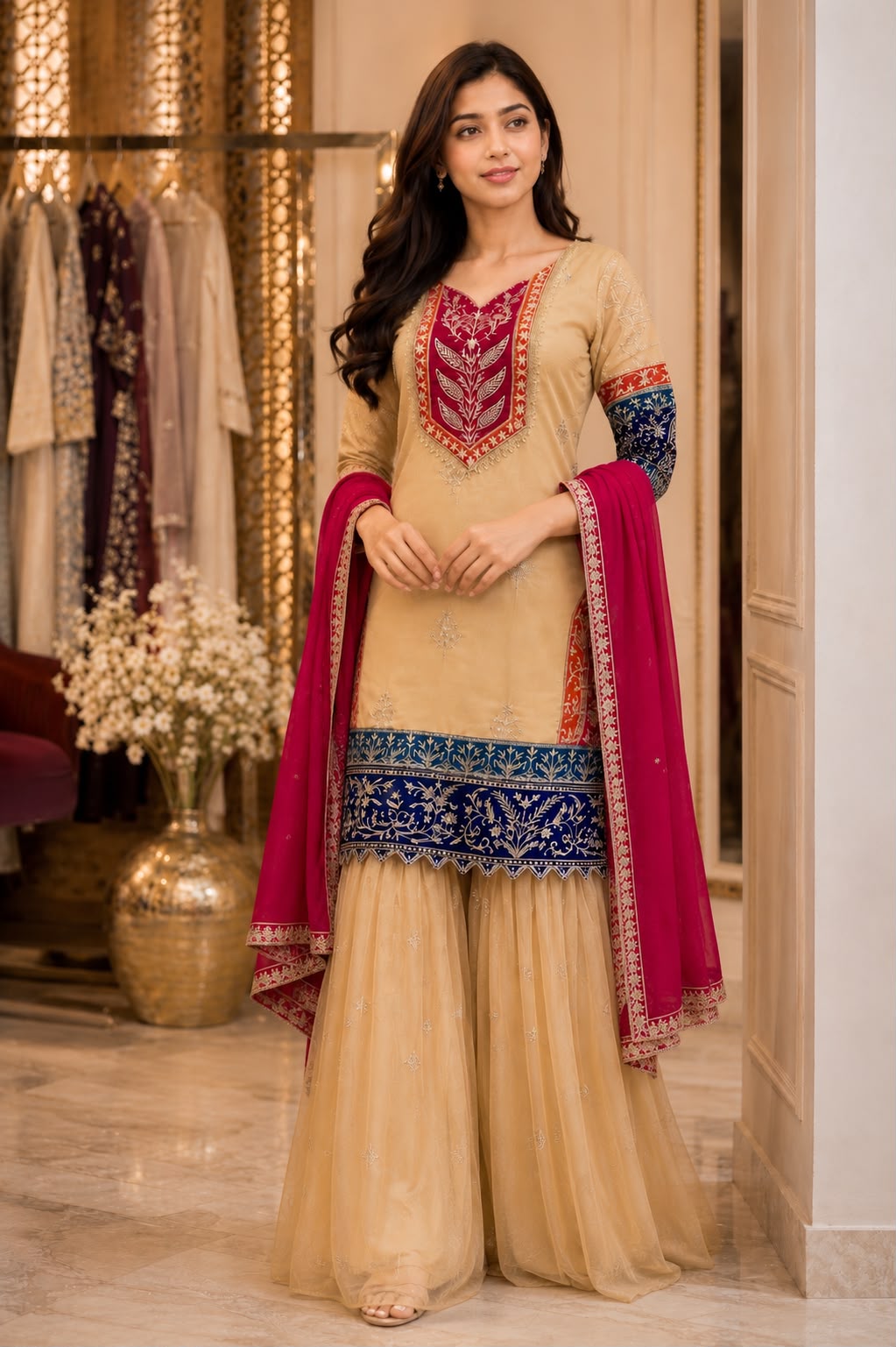 Heavy 3-Piece Silk Suit Set with Embroidery Work & Fancy Lace