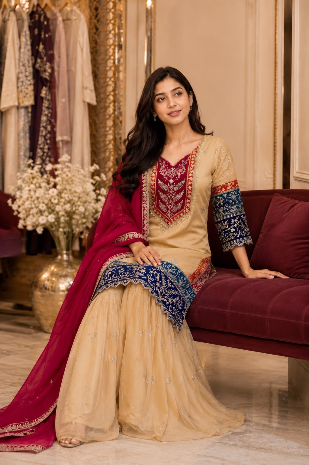 Heavy 3-Piece Silk Suit Set with Embroidery Work & Fancy Lace