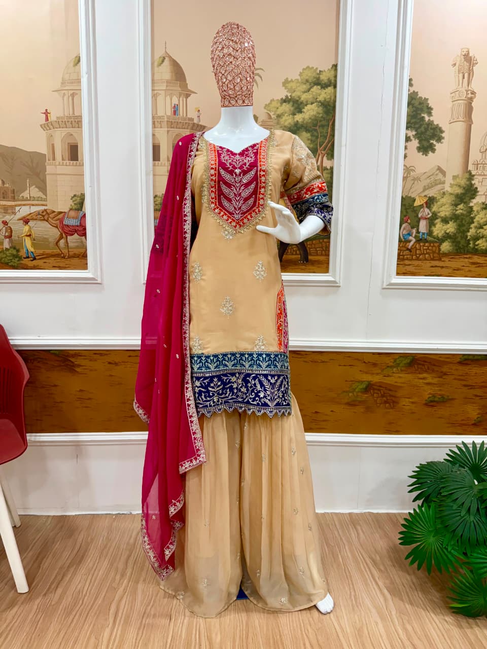 Heavy 3-Piece Silk Suit Set with Embroidery Work & Fancy Lace